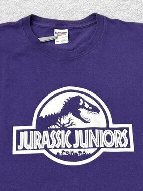 Vtg JERZEES Jurassic Park Juniors 90s Trex Dinosaur Purple Graphic Tshirt 2XL